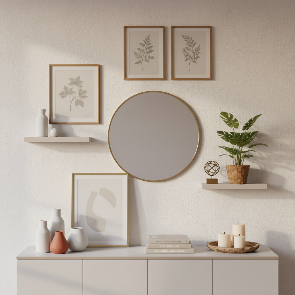 Articles de décoration pour la maison : Vases, lampes de table décoratives en céramique, cadres photo et tableaux abstraits sur un buffet. Décoration intérieure et accents élégants.