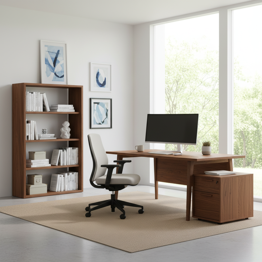 Bureau à domicile moderne avec grand bureau en bois, chaise de bureau ergonomique, bibliothèque remplie de livres et rangement. Aménagement de bureau fonctionnel et élégant.
