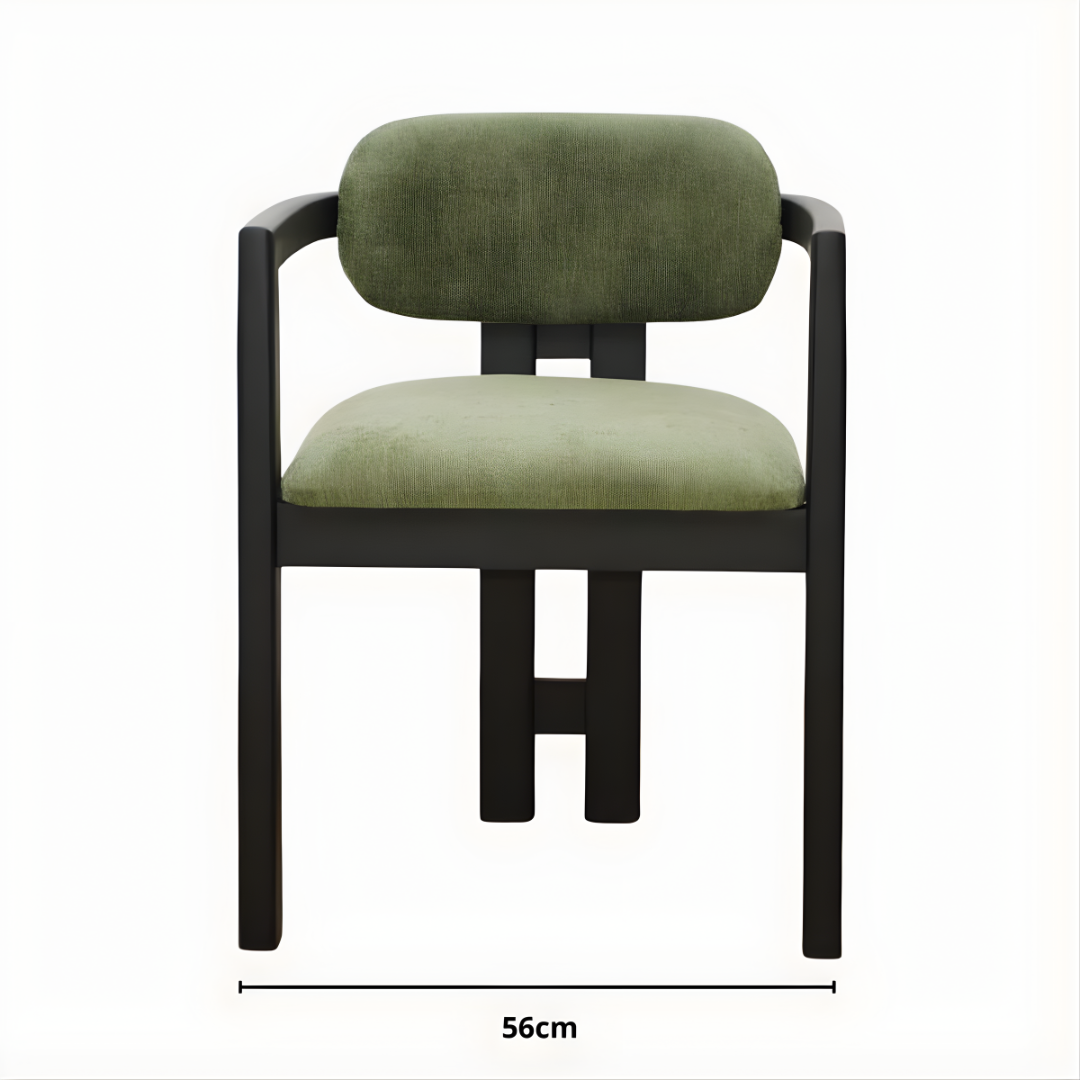 Chaise de salle à manger confortable en toile antitache vert kaki, avec une structure et des pieds en bois.