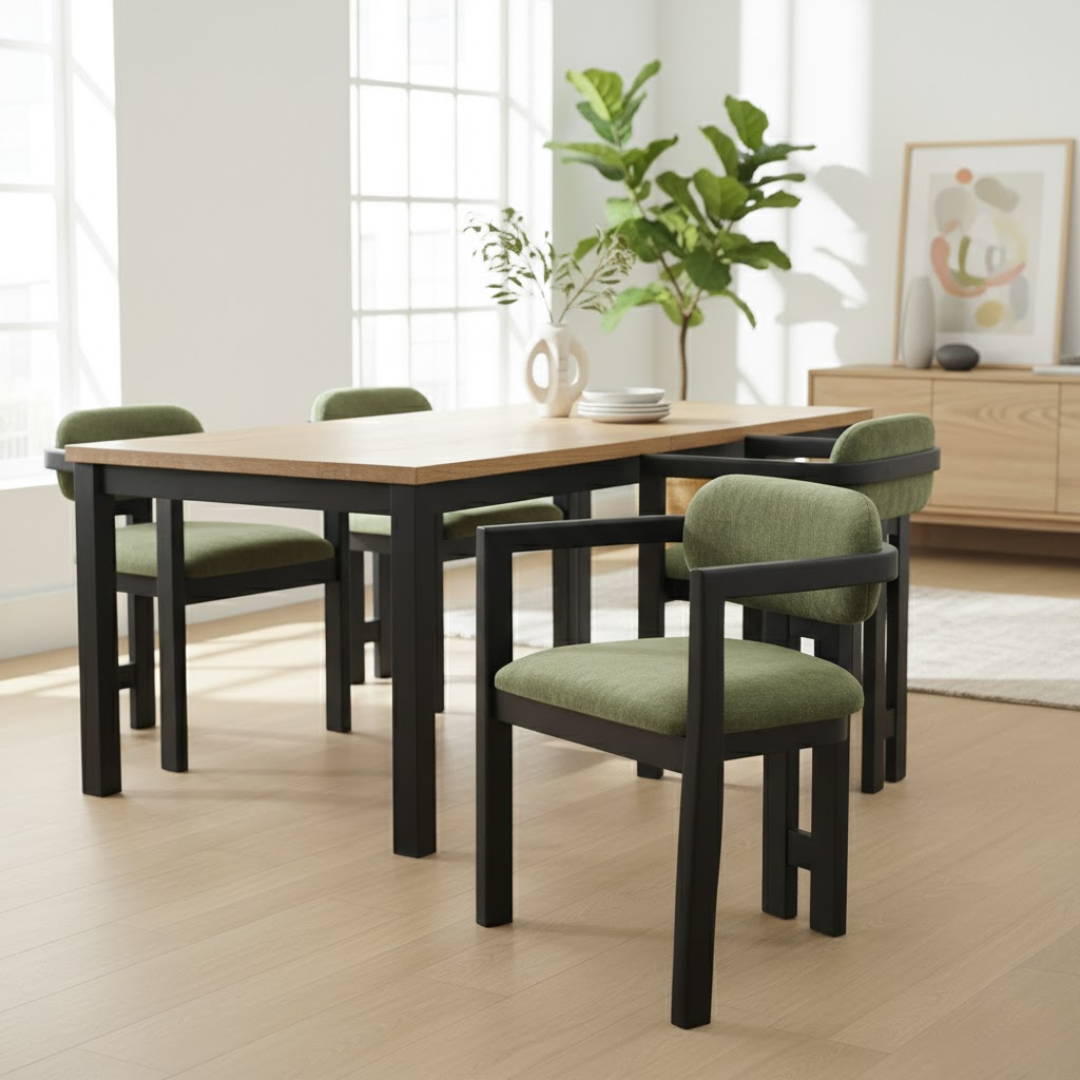 Chaise de salle à manger confortable en toile antitache vert kaki, avec une structure et des pieds en bois.