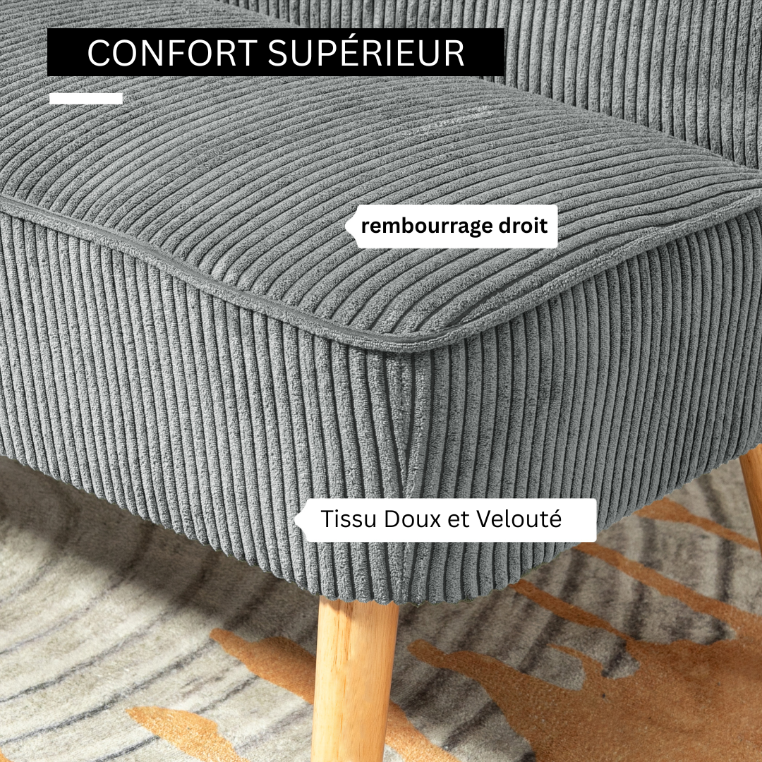 Canapé d'intérieur 2 places HOMCOM gris en velours, avec structure en bois et pieds évasés, dimensions 117 x 56.5 x 77 cm.