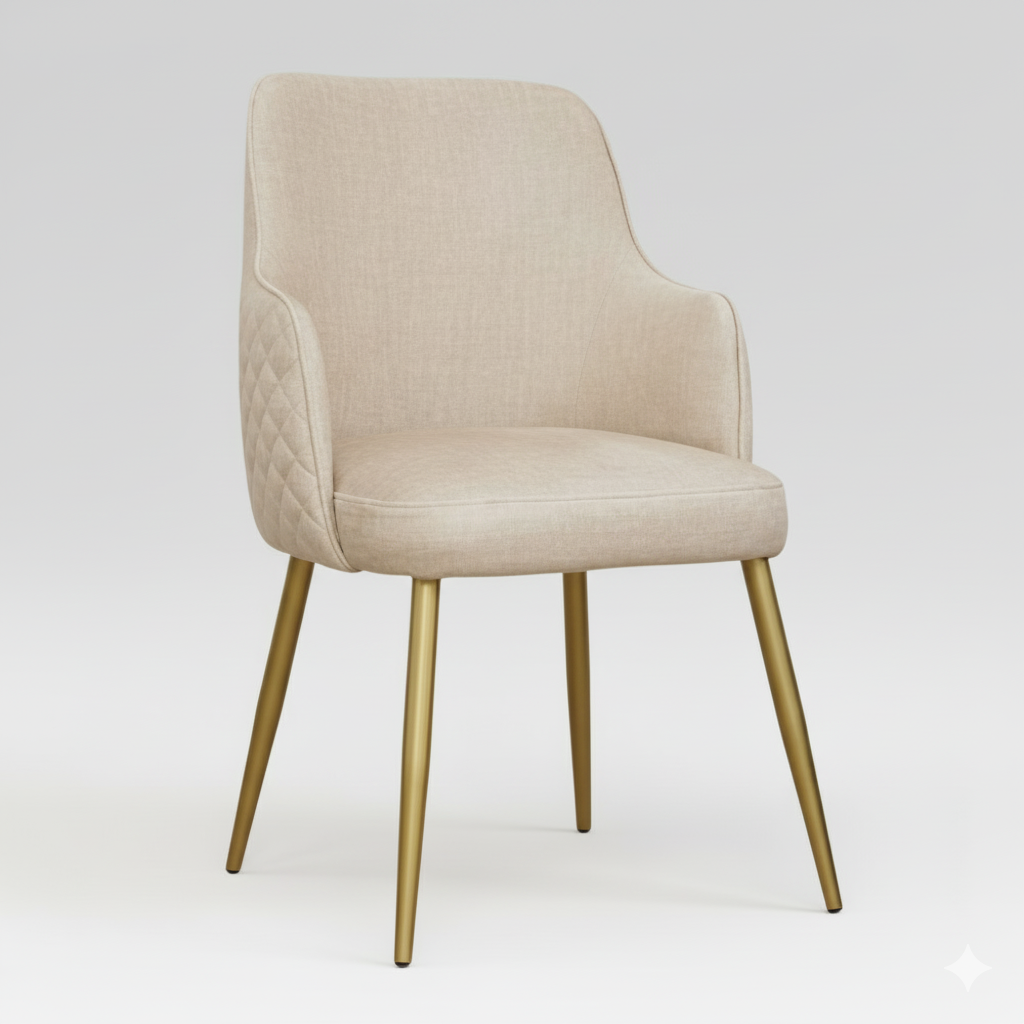Chaise de salle à manger élégante en tissu antitache beige clair avec pieds fins en métal doré.