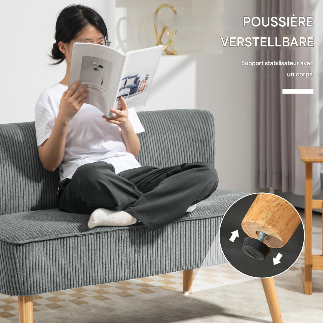 Canapé d'intérieur 2 places HOMCOM gris en velours, avec structure en bois et pieds évasés, dimensions 117 x 56.5 x 77 cm.