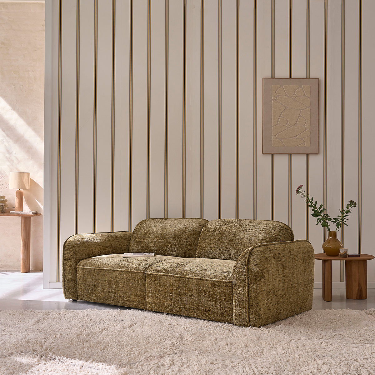 Canapé droit 3 places en velours texturé vert - Le miroir.ma