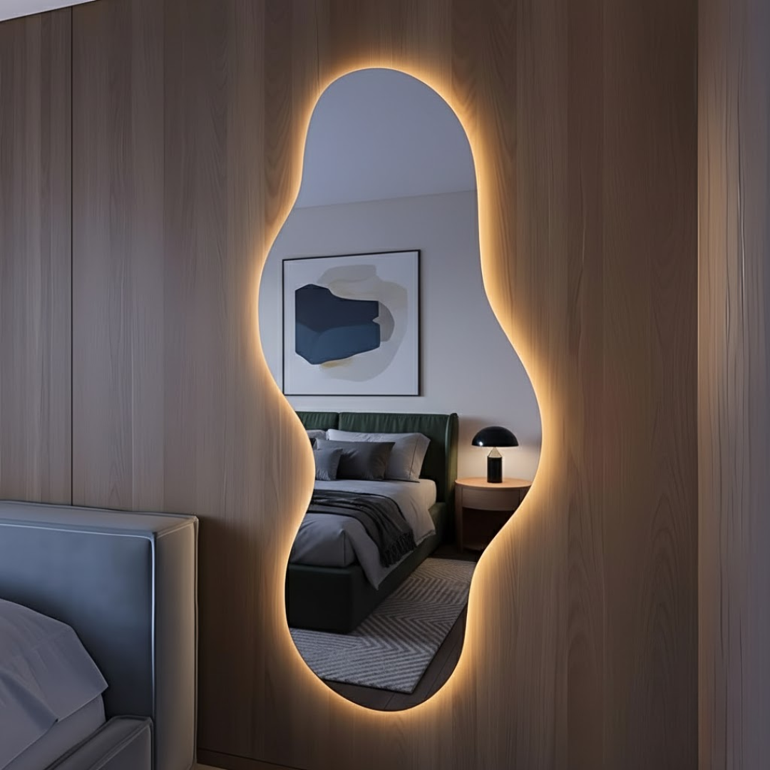 Grand miroir LED de forme irrégulière 200x80 cm, design abstrait de luxe, verre Saint Gobain.