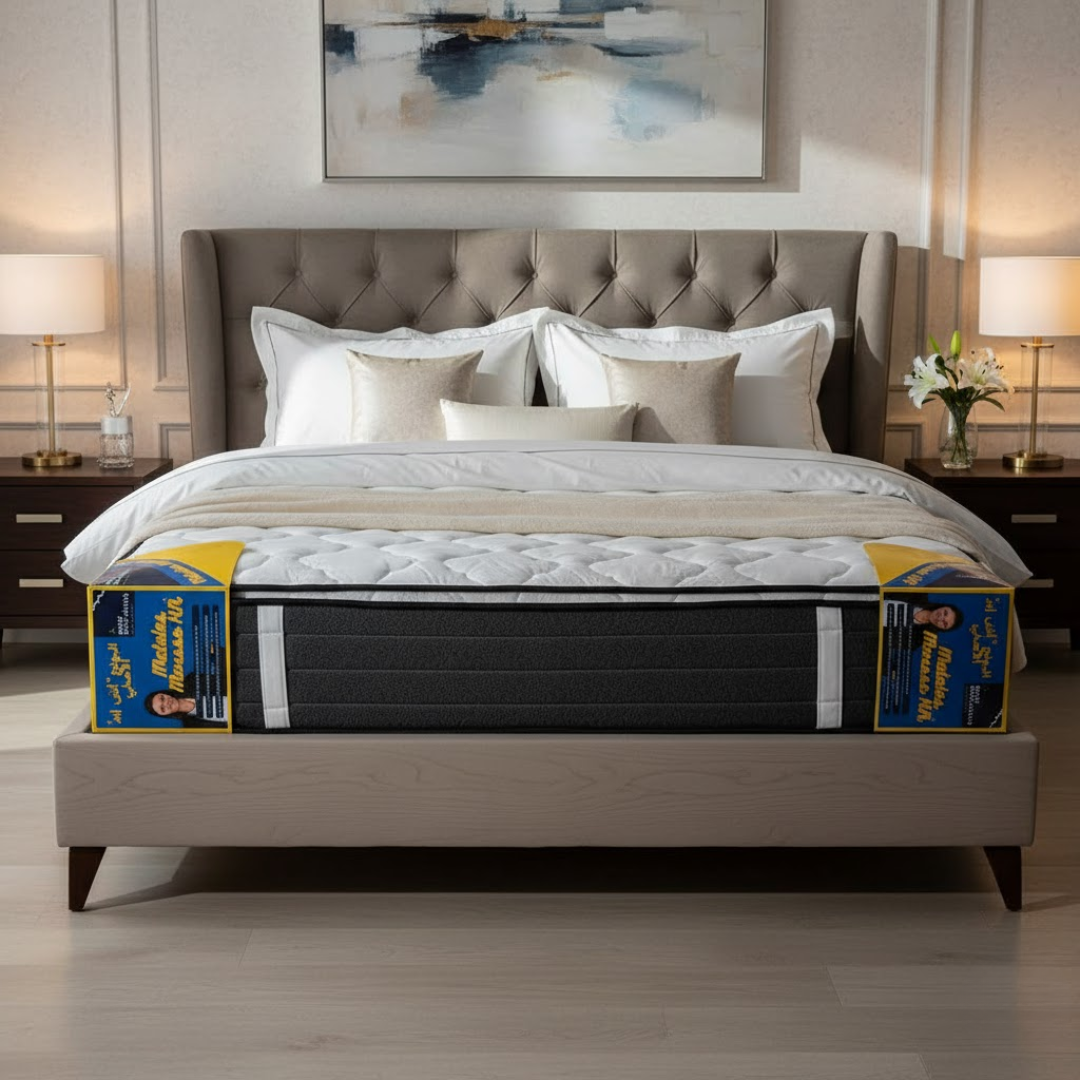 Matelas RELIEF 30cm pour mal de dos, installé dans une chambre moderne au Maroc.
