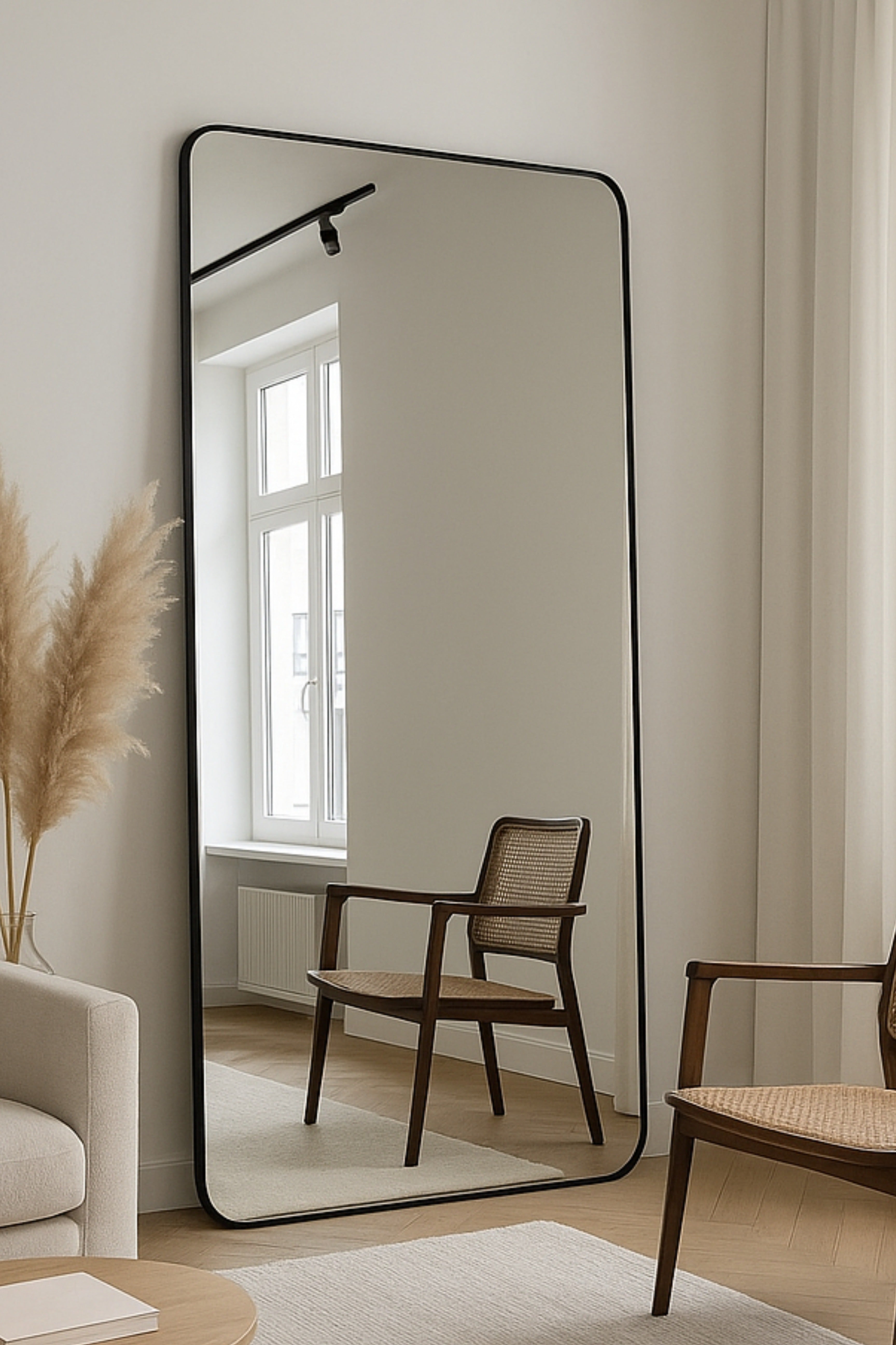 Miroir Adeline noir posé au sol – design épuré et reflet lumineux pour chambre moderne.