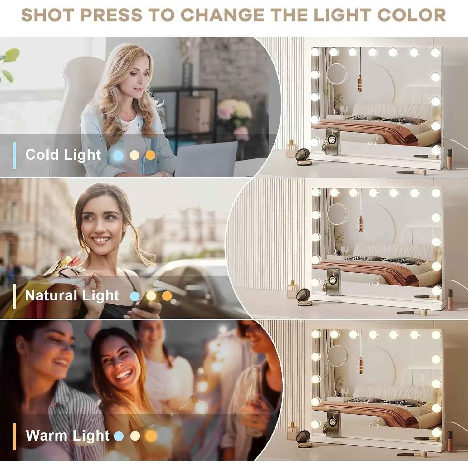 Miroir coiffeuse Bluetooth pour maquillage, posé sur une table avec socle en métal