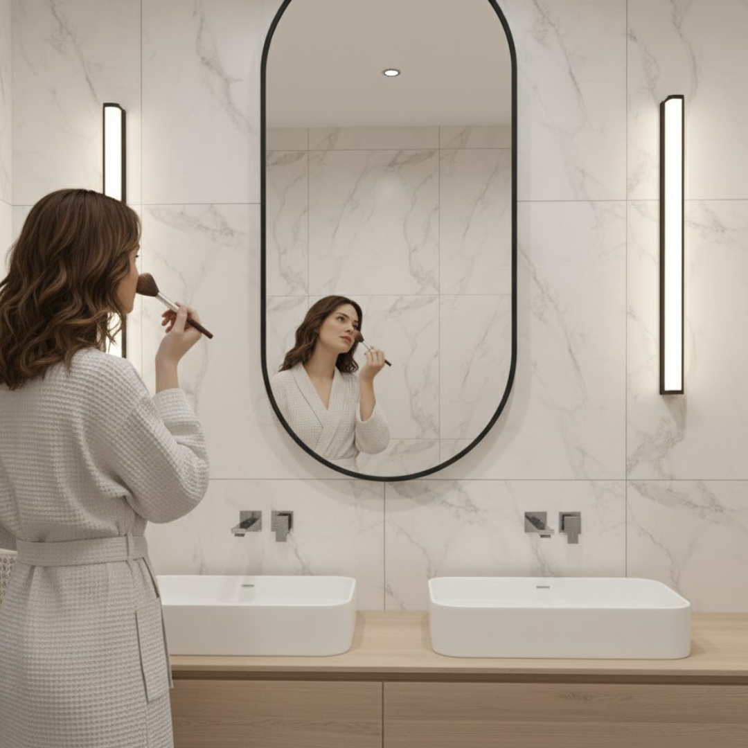 Miroir vertical AquaPure 75x40 cm par Saint Gobain, avec cadre fin en métal noir et option anti-buée.