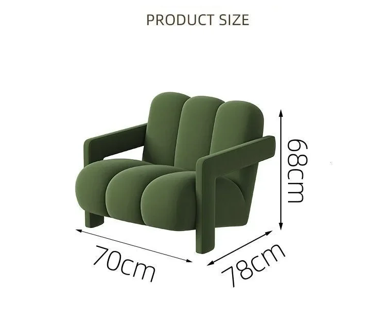 Fauteuil vert avec dimensions étiquetées sur fond blanc