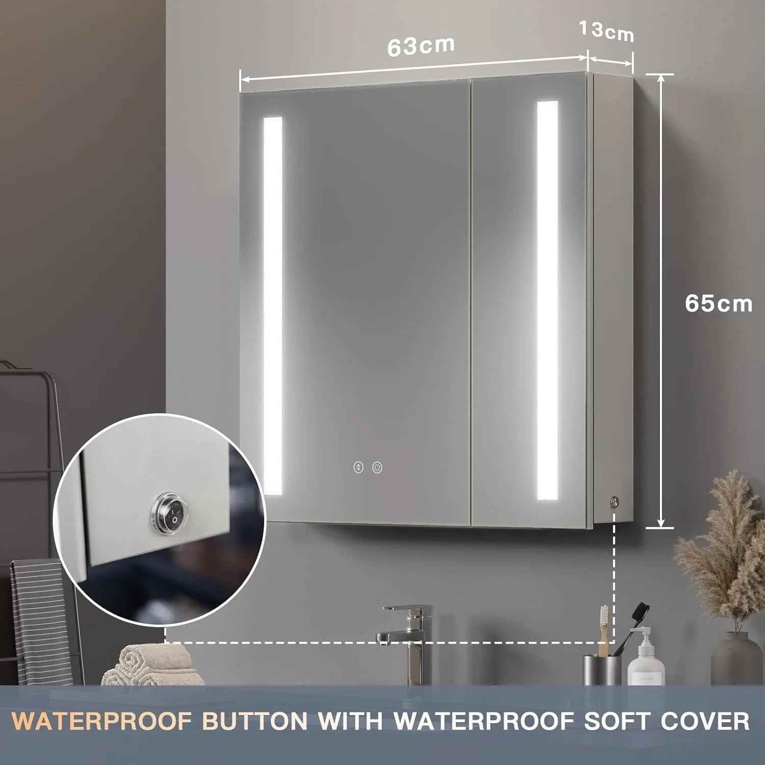 2-Door LED Bathroom Mirror Cabinet with Shaver Socket, 3-Color Dimmable Lighting & Demister Pad