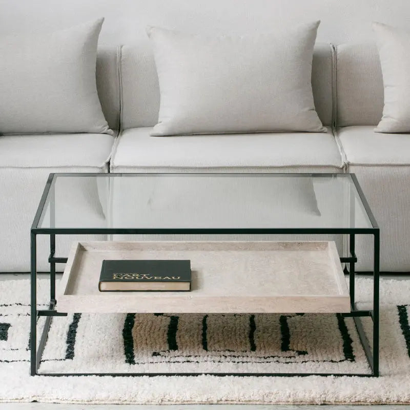 Table Basse Talia en Verre et Travertin - The Miroir