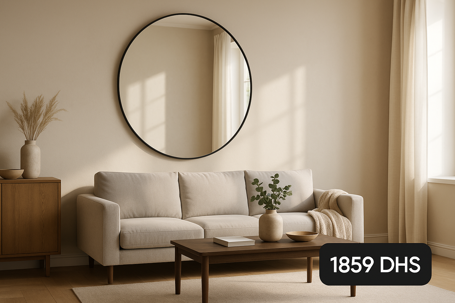 Grand miroir rectangulaire cadre noir derrière un canapé gris dans un salon moderne