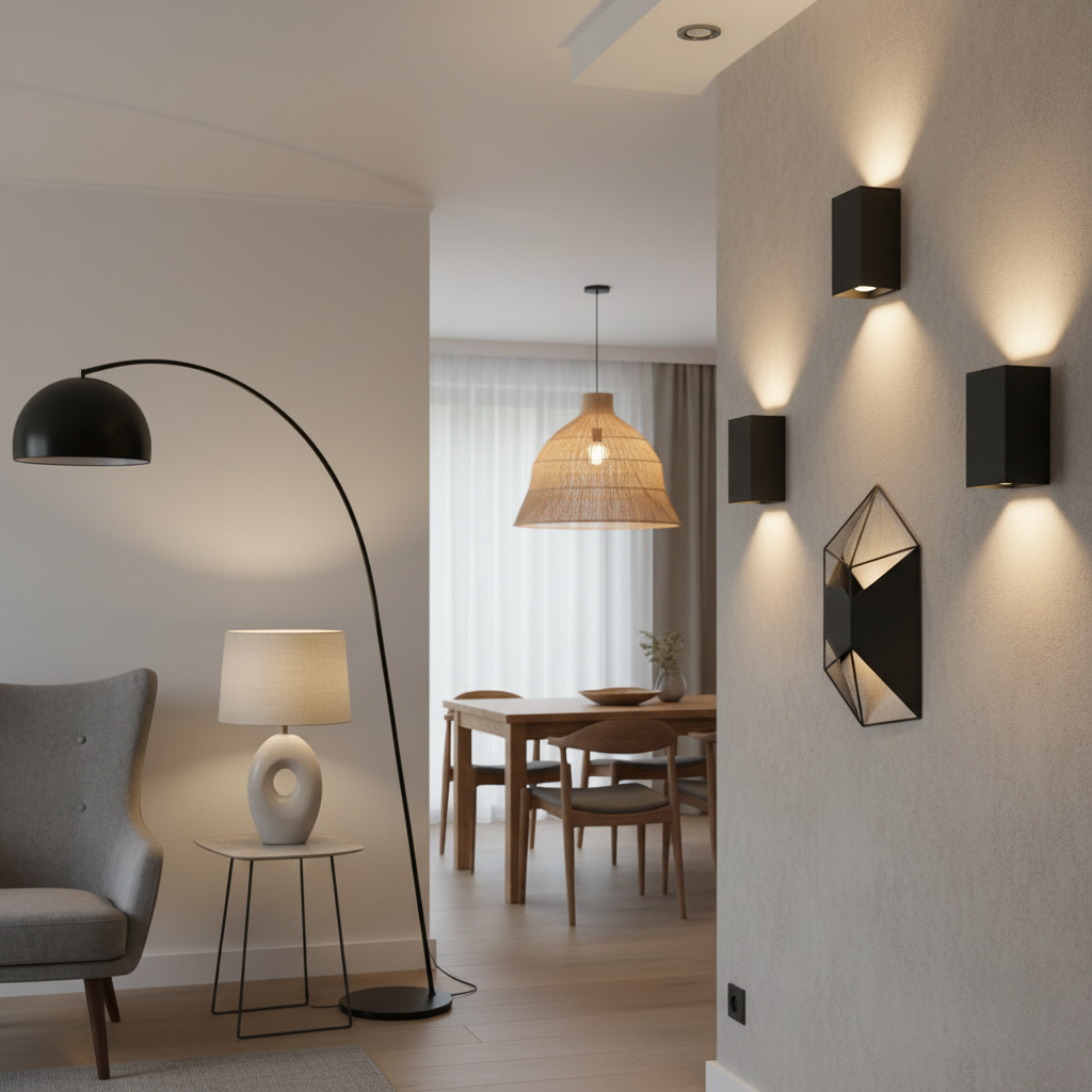 Divers luminaires modernes éclairant un intérieur : lampadaire arqué, lampe de table design, suspensions en rotin, et appliques murales décoratives. Solutions d'éclairage pour la maison.