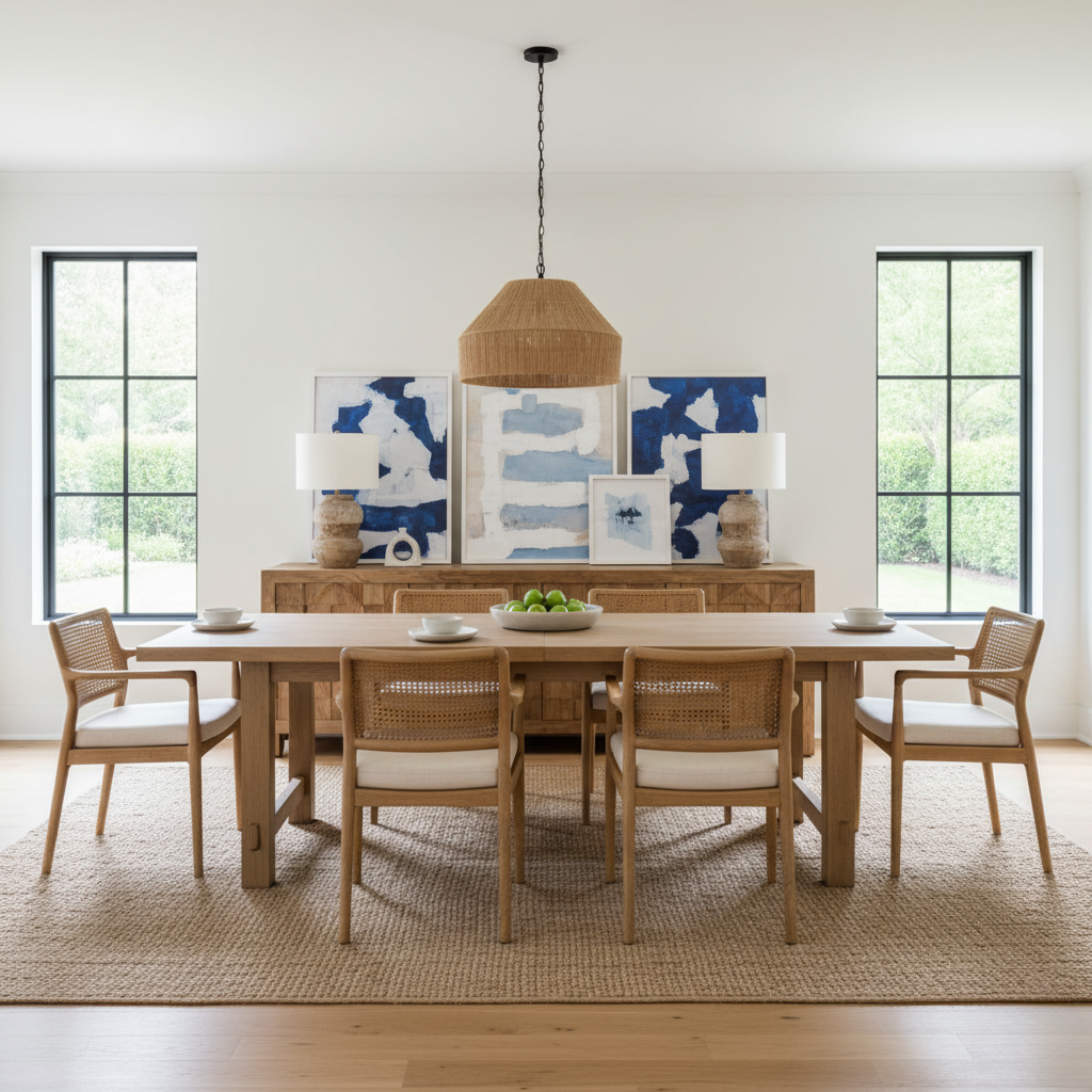Salle à manger moderne avec grande table en bois clair, chaises en cannage confortables, buffet en bois et décoration murale bleue. Mobilier de salle à manger élégant.