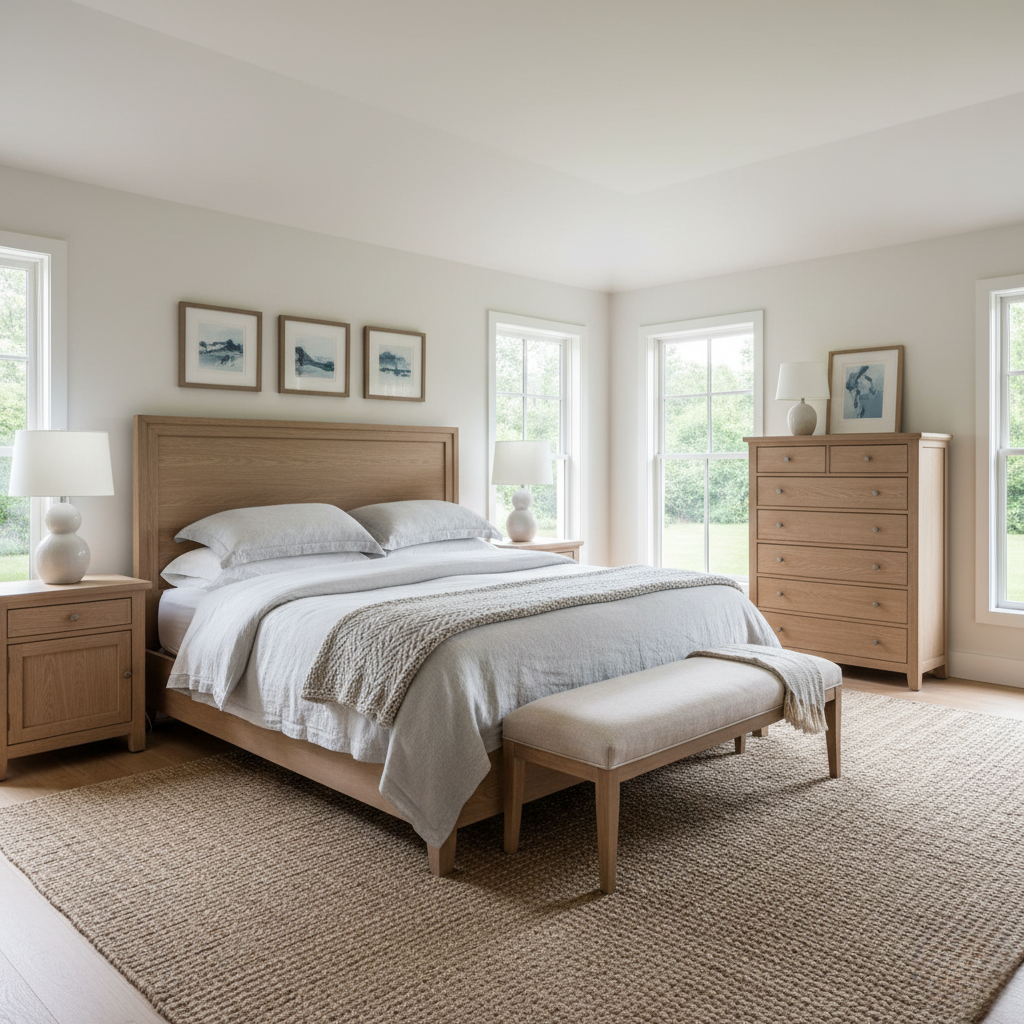 Chambre à coucher principale moderne avec lit queen-size, table de chevet en bois et linge de lit en lin. Mobilier de chambre pour un repos élégant.