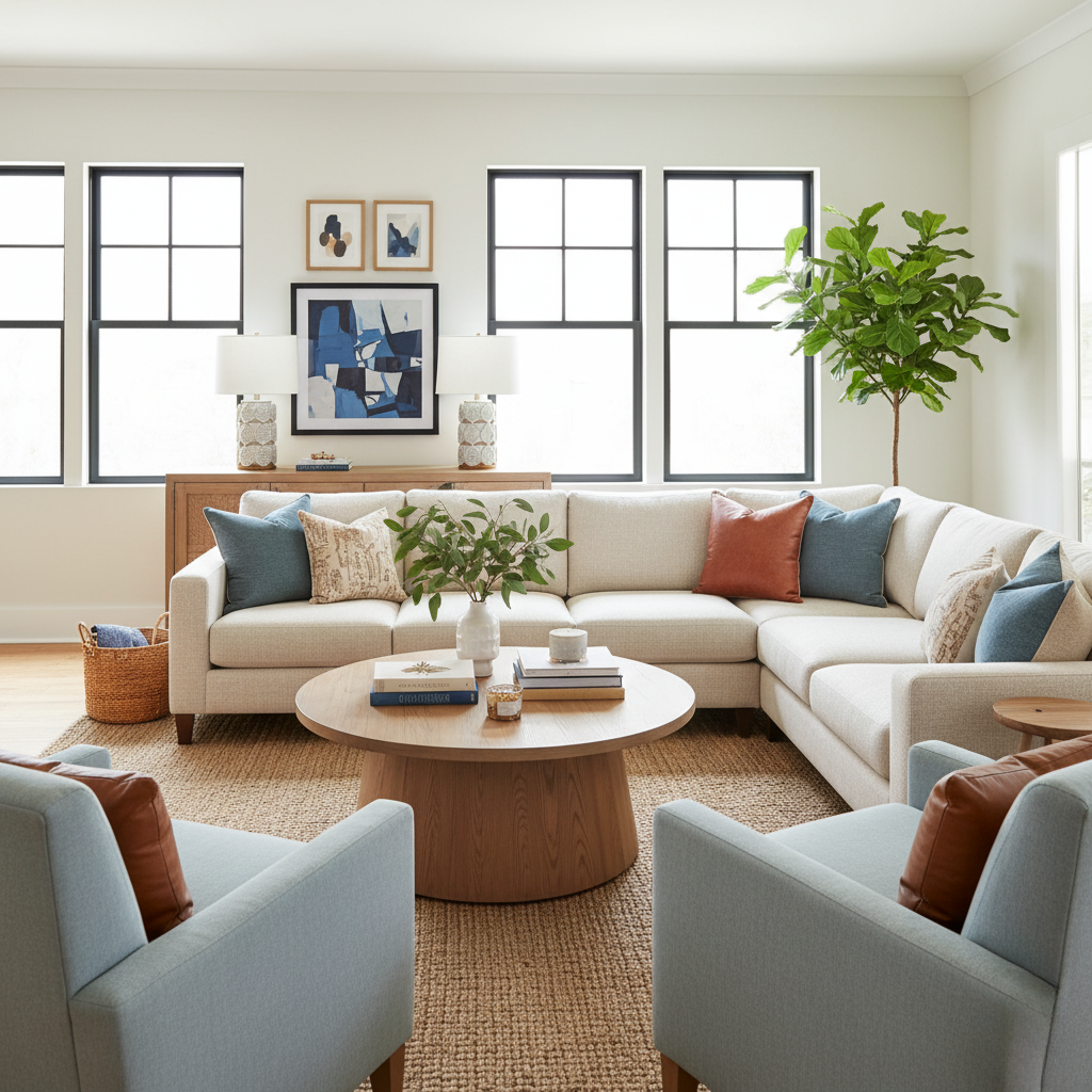 Grand salon moderne avec canapé sectionnel beige, fauteuils confortables gris et table basse ronde en bois. Mobilier de salon design et lumineux pour espace de vie.