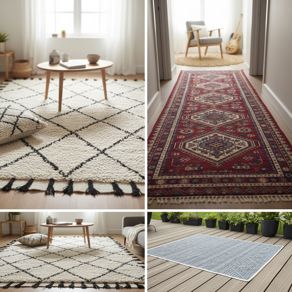 Collection de tapis pour la maison : grand tapis berbère blanc et noir pour salon, long tapis de couloir oriental rouge, et tapis d'extérieur bleu sur terrasse. Tapis modernes et ethniques.