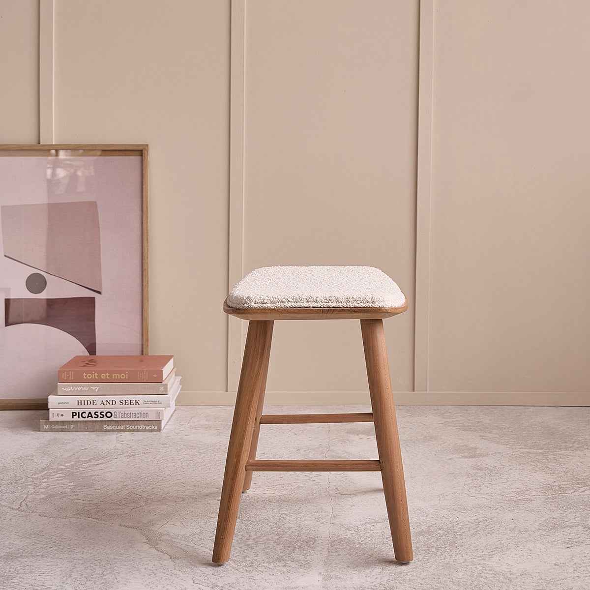 Tabouret en teck massif assise bouclette 45 cm