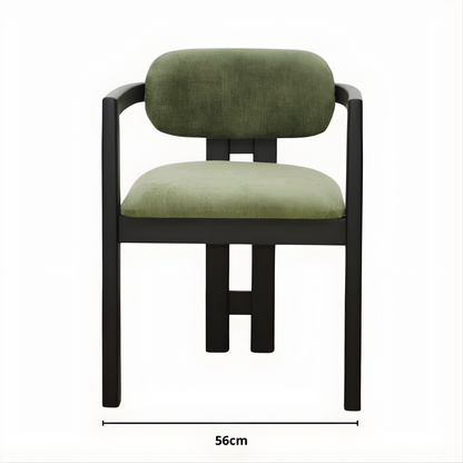Chaise de salle à manger confortable en toile antitache vert kaki, avec une structure et des pieds en bois.