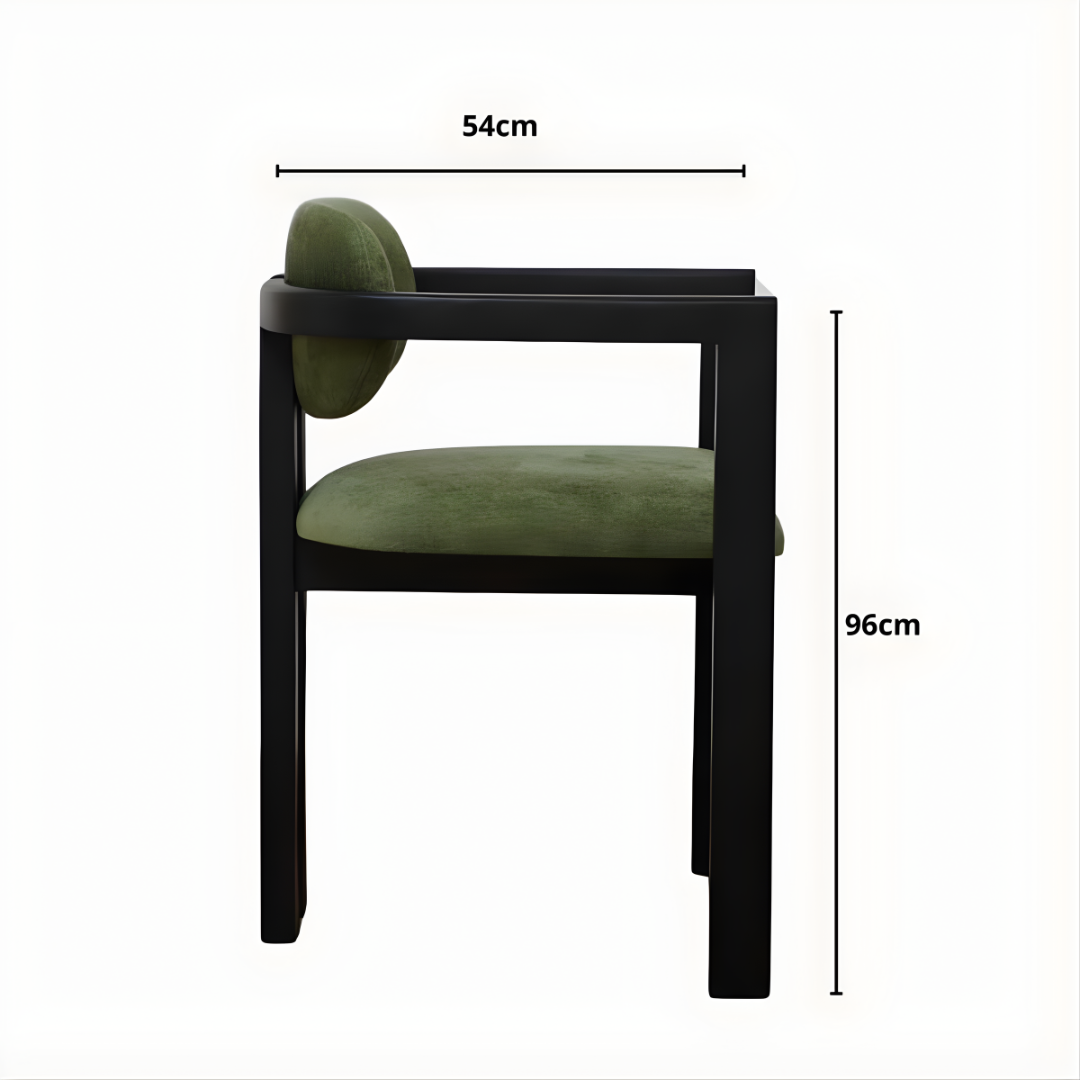 Chaise de salle à manger confortable en toile antitache vert kaki, avec une structure et des pieds en bois.