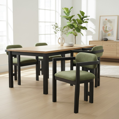 Chaise de salle à manger confortable en toile antitache vert kaki, avec une structure et des pieds en bois.