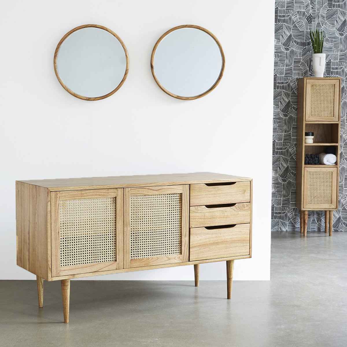 Meuble sous vasque en mindi massif et cannage 135 cm