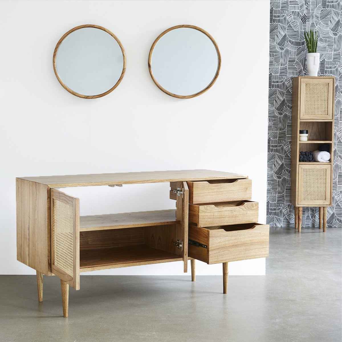 Meuble sous vasque en mindi massif et cannage 135 cm