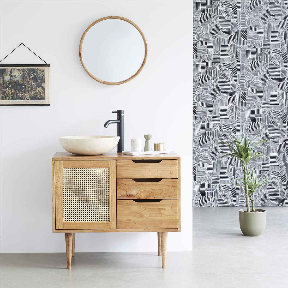 Meuble sous vasque en mindi massif et cannage 85 cm