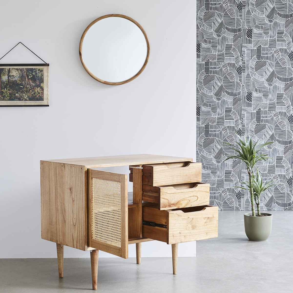 Meuble sous vasque en mindi massif et cannage 85 cm