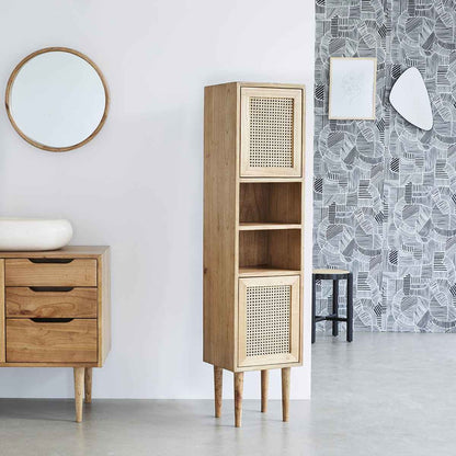 Colonne de salle de bain en mindi massif et cannage 150 cm