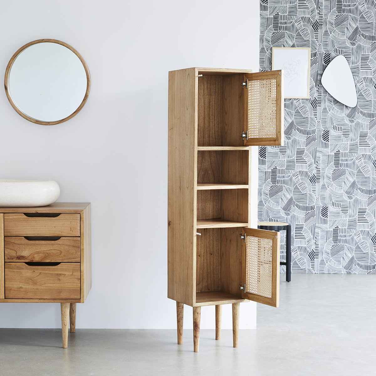 Colonne de salle de bain en mindi massif et cannage 150 cm