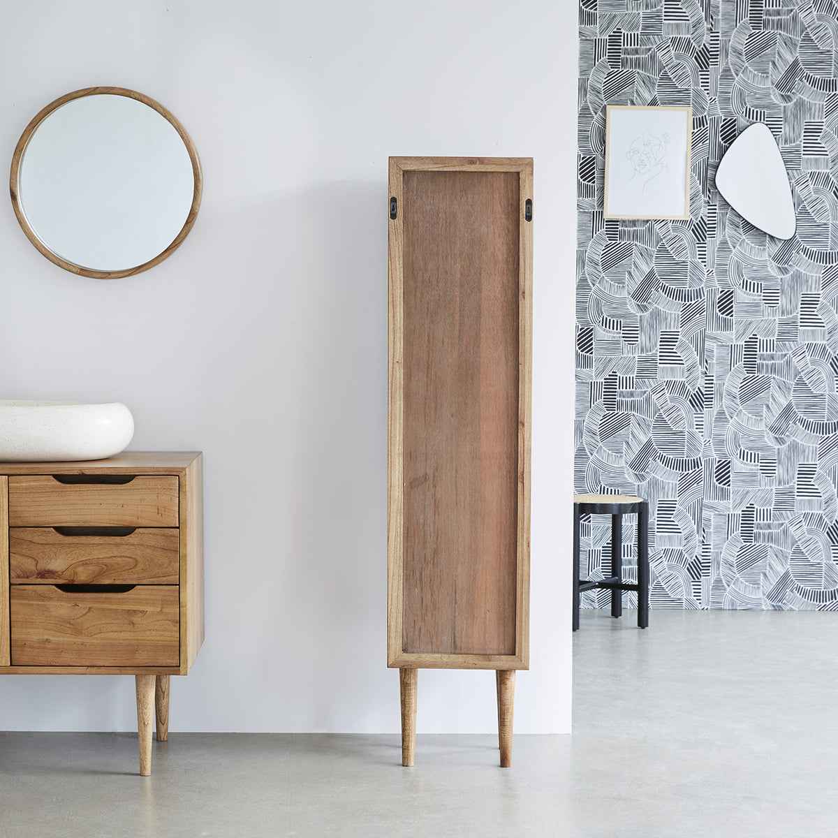 Colonne de salle de bain en mindi massif et cannage 150 cm