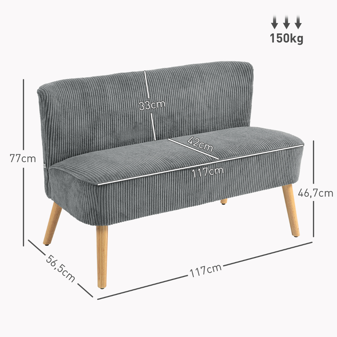 Canapé d'intérieur 2 places HOMCOM gris en velours, avec structure en bois et pieds évasés, dimensions 117 x 56.5 x 77 cm.