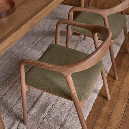 Chaise en teck massif assise velours côtelé kaki
