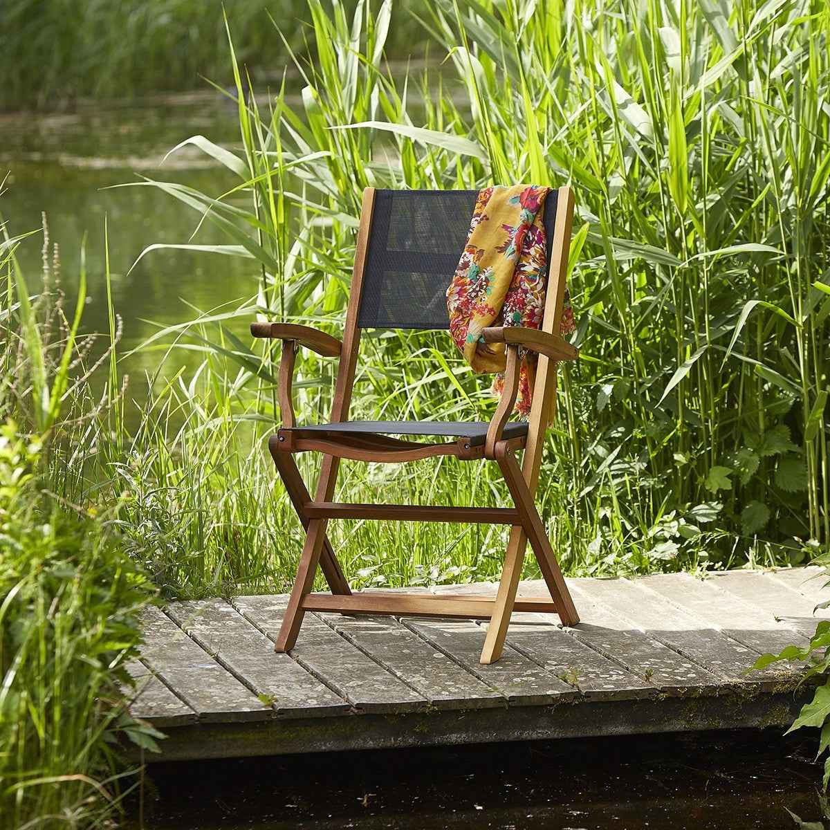 Fauteuil de jardin en acacia massif et textilène noir