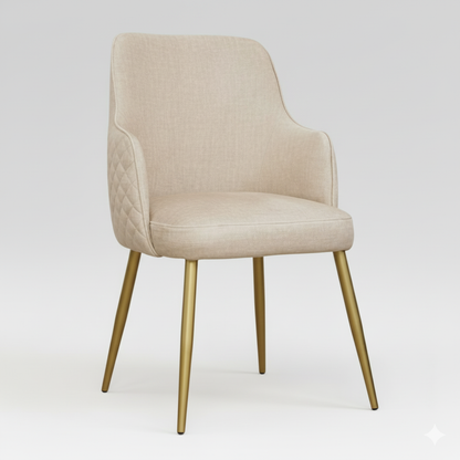 Chaise de salle à manger élégante en tissu antitache beige clair avec pieds fins en métal doré.