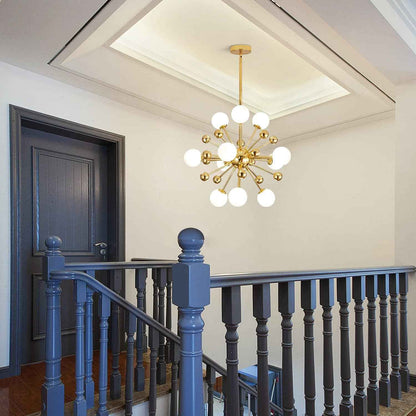 Lustre Eleven 11 branches en doré et boule blanche