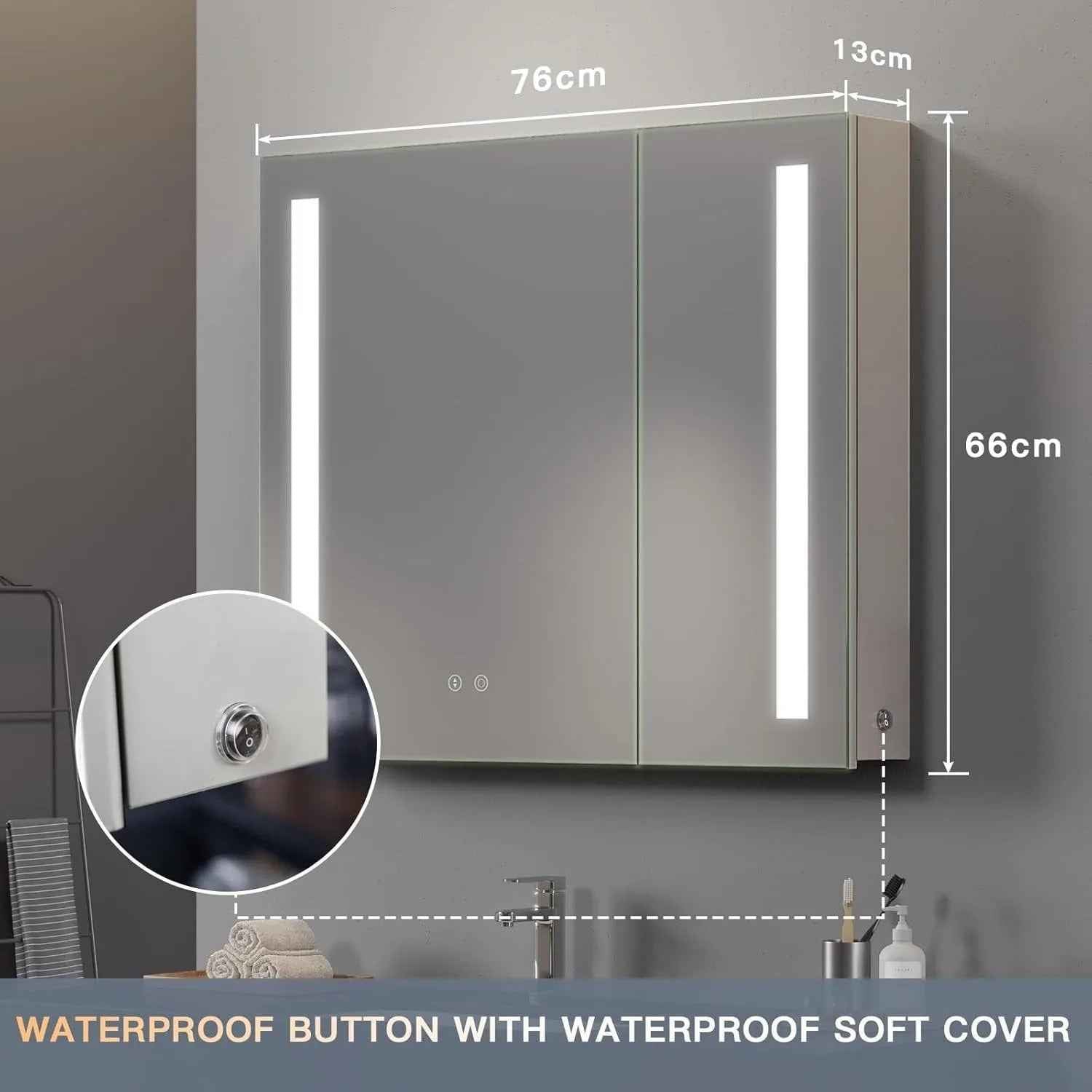 2-Door LED Bathroom Mirror Cabinet with Shaver Socket, 3-Color Dimmable Lighting & Demister Pad