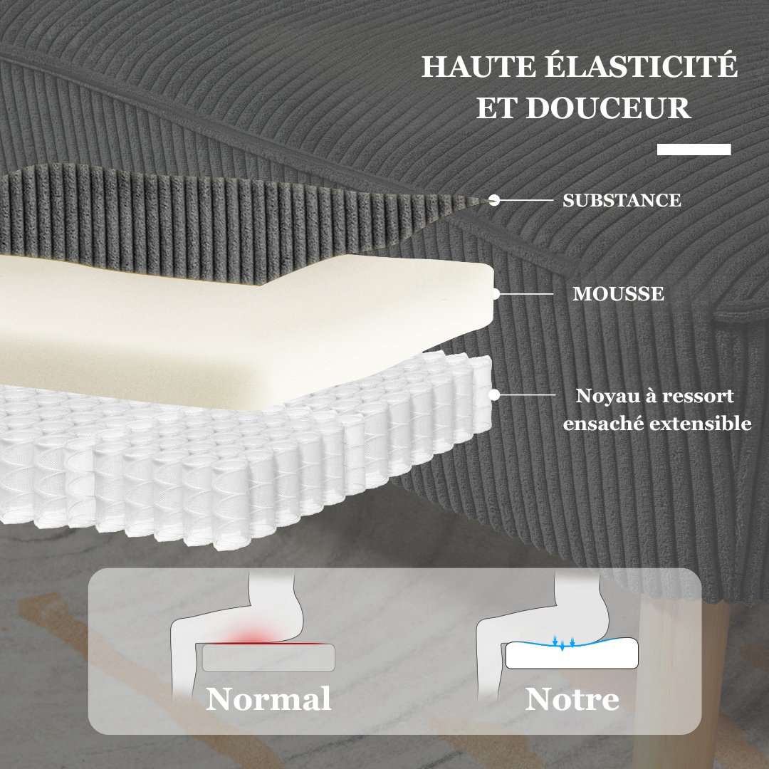 Canapé d'intérieur 2 places HOMCOM gris en velours, avec structure en bois et pieds évasés, dimensions 117 x 56.5 x 77 cm.