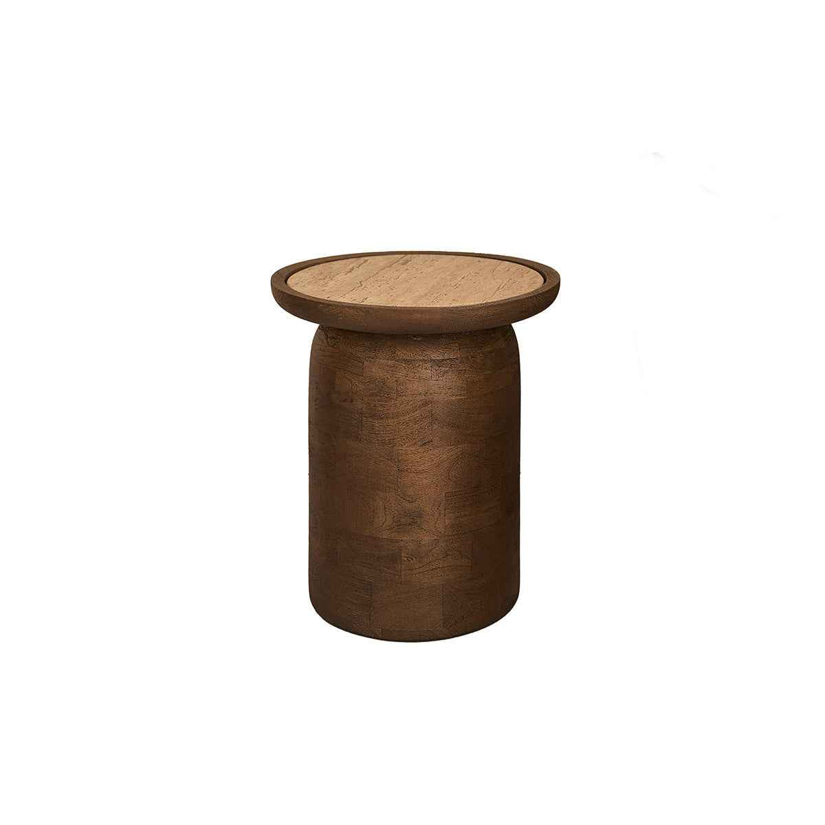 Table d'appoint en bois de manguier et travertin ronde
