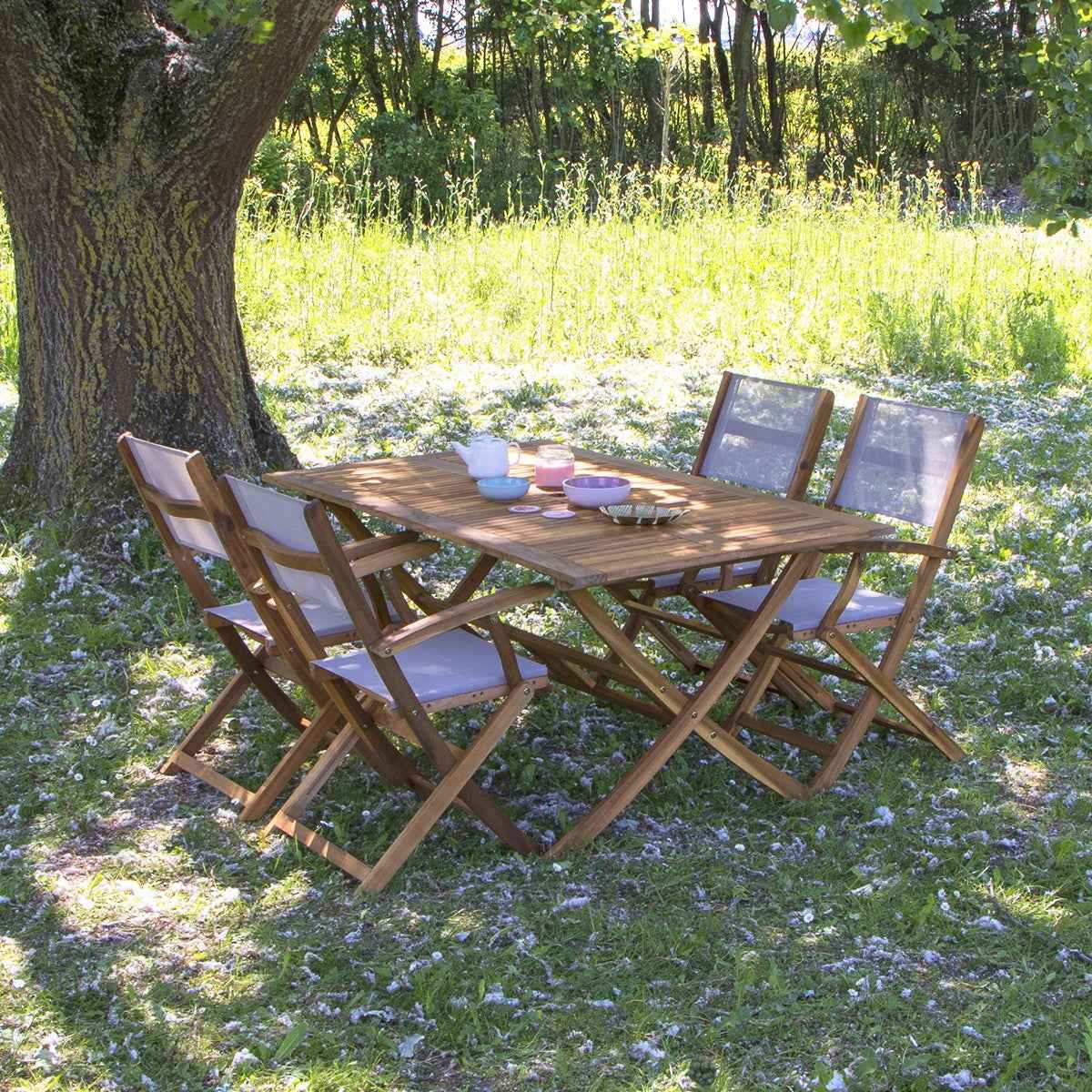 Fauteuil de jardin pliant en acacia massif et textilène gris