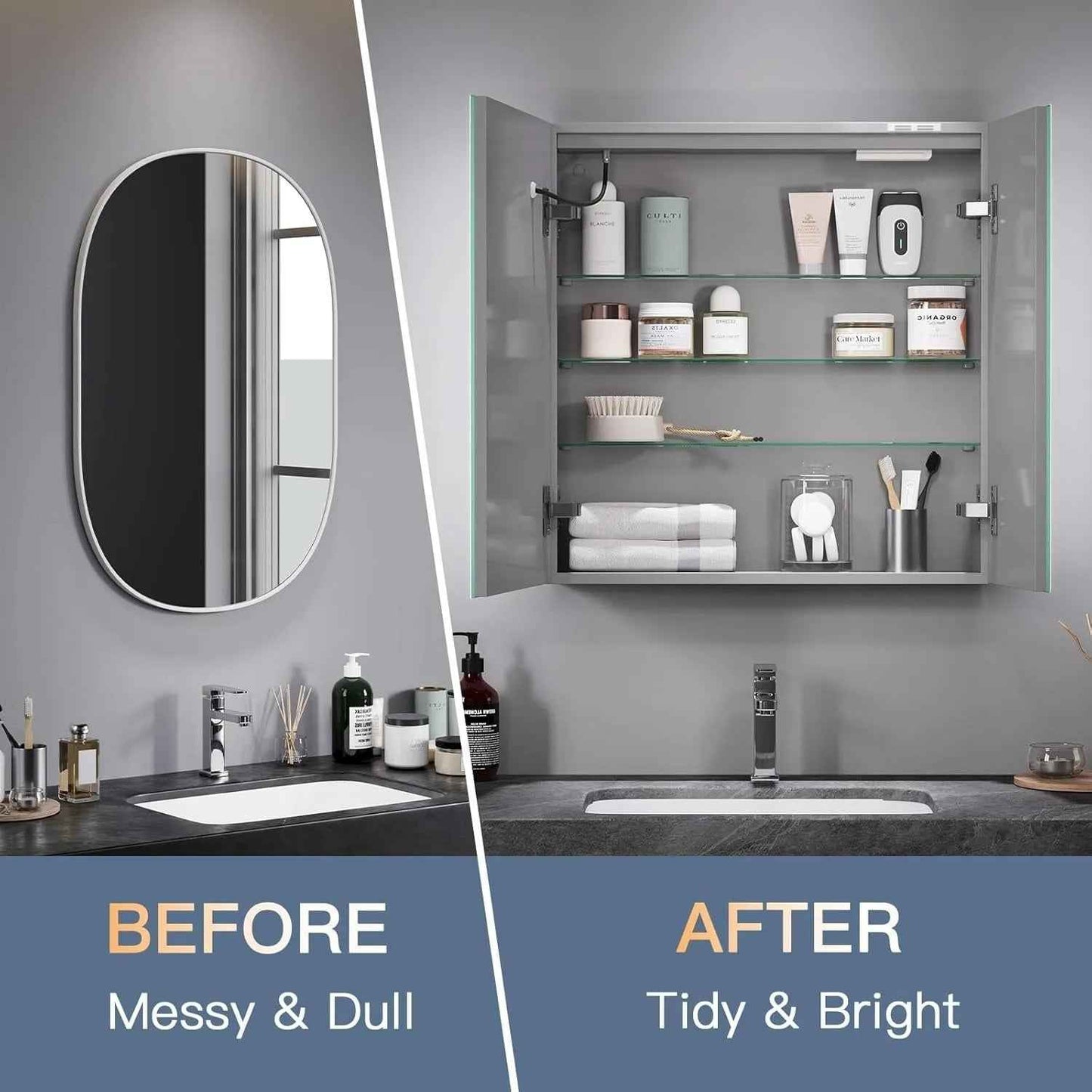 Armoire de toilette LED 2 portes avec éclairage blanc allumé et miroir anti-buée