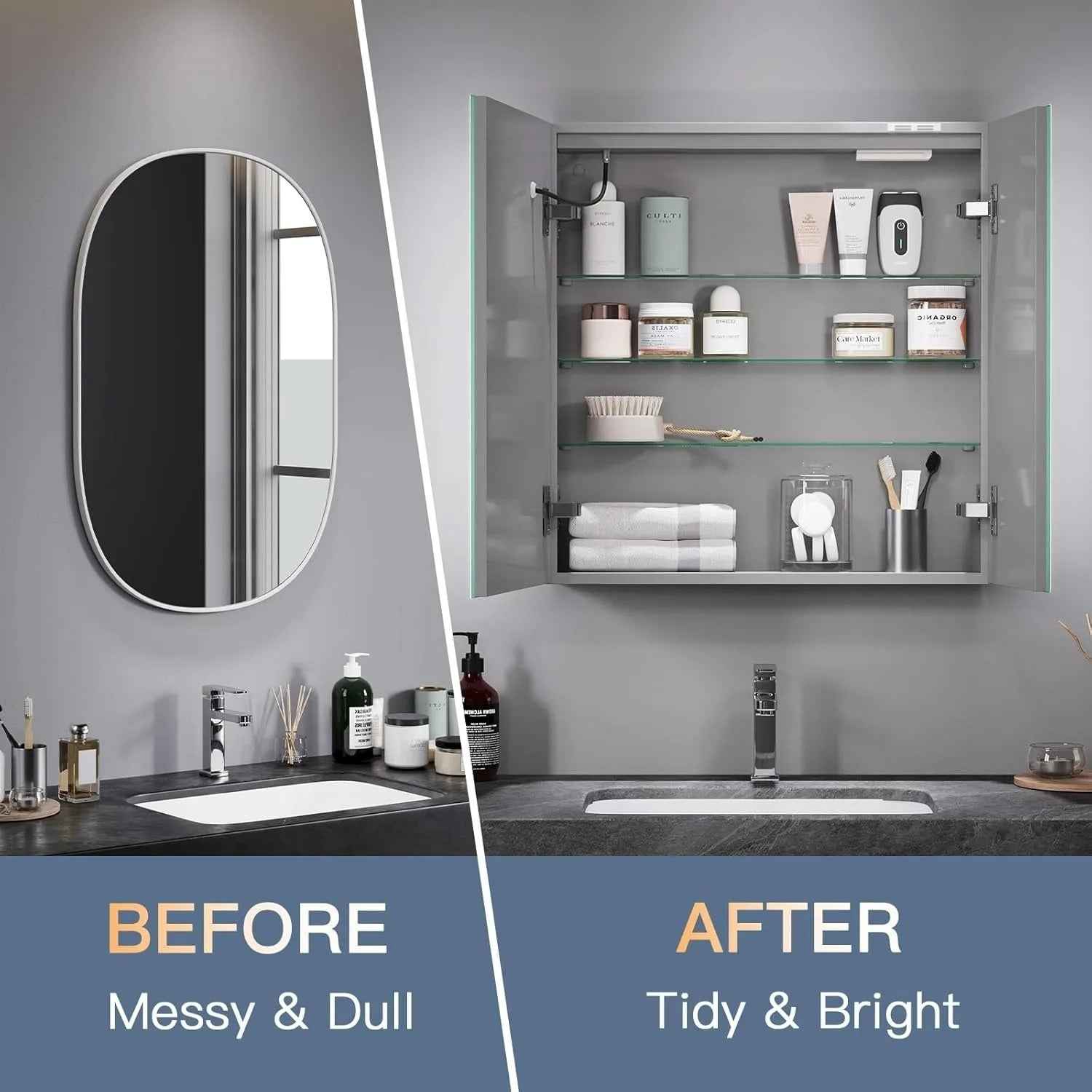 Armoire de toilette LED 2 portes avec éclairage blanc allumé et miroir anti-buée