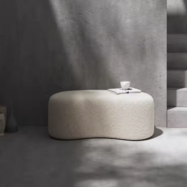 Banc design en tissu bouclette blanc 90x40 cm pour salon ou chambre