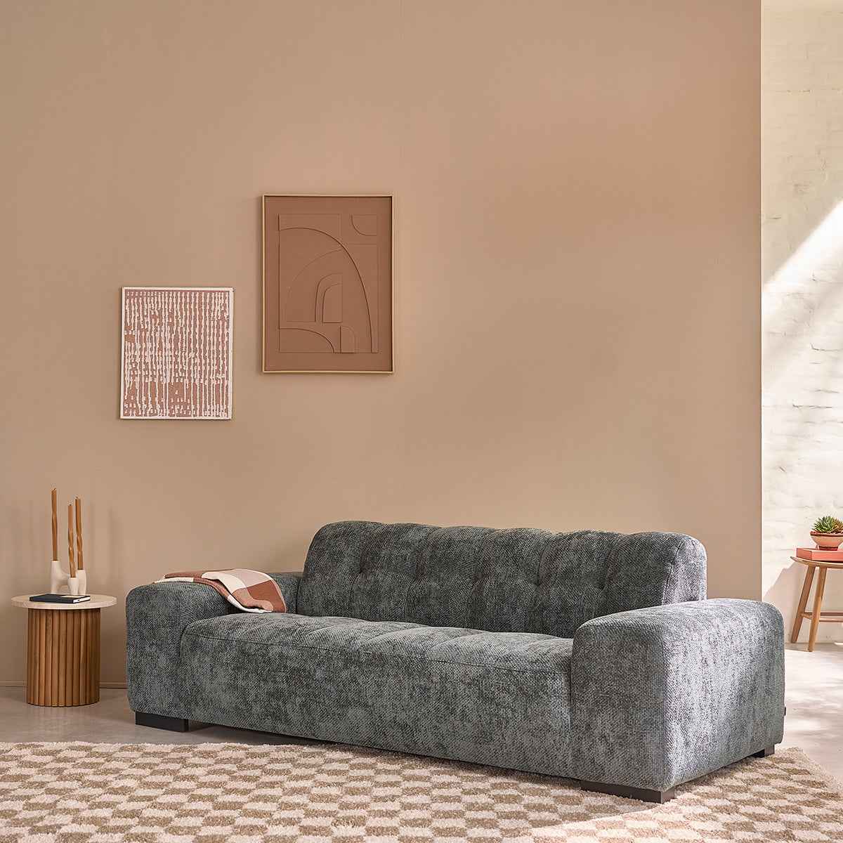 Canapé droit 3 places en velours tressé vert de gris