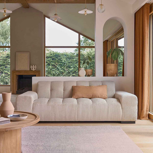 Canapé droit 3 places en velours côtelé écru