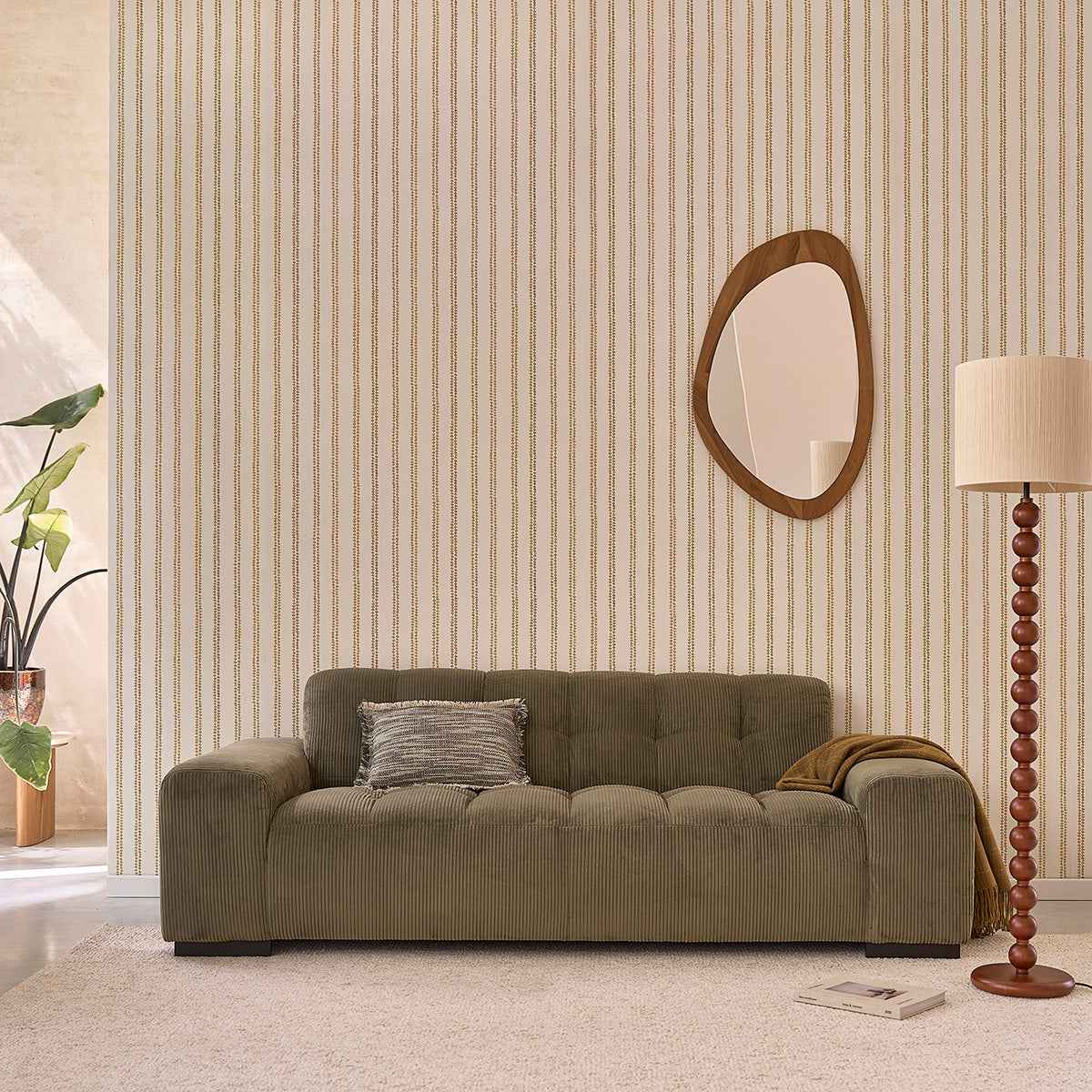 Canapé droit 3 places en velours côtelé kaki