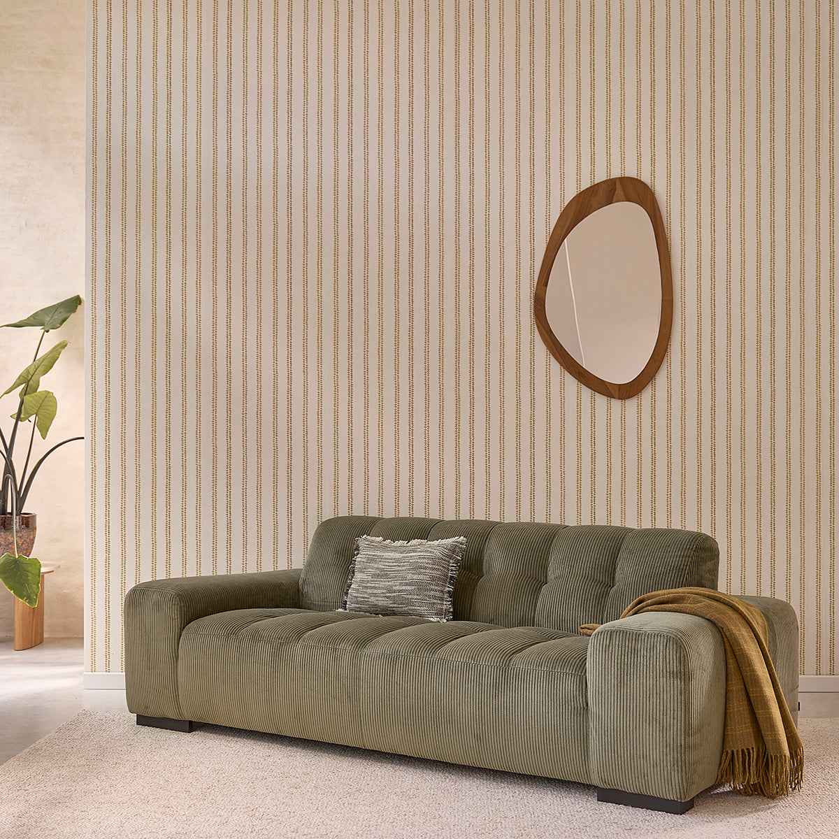 Canapé droit 3 places en velours côtelé kaki