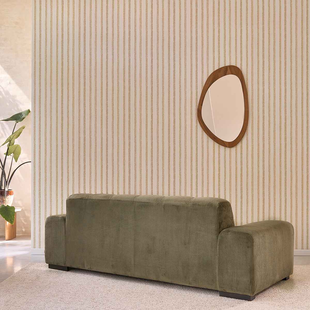 Canapé droit 3 places en velours côtelé kaki